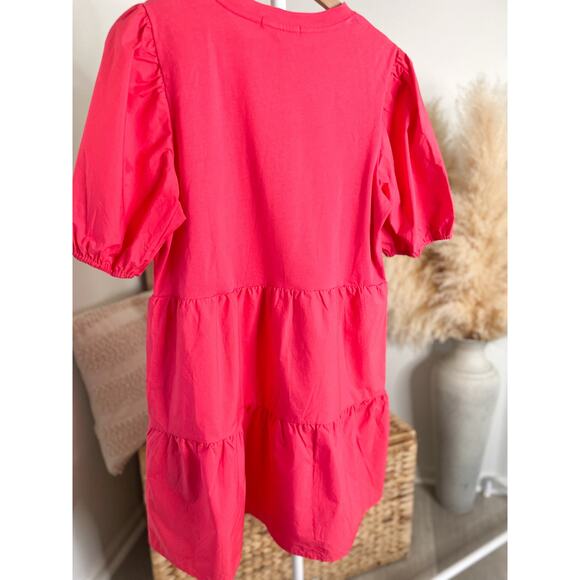 Sanctuary Pink Poplin Tiered Puff Sleeve Mini Dress Large Short Sleeve - Picture 8 of 9